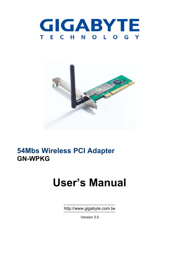GIGABYTE 54Mbps Wireless PCI Adapter GN-WPKG User’s Manual - Page 1