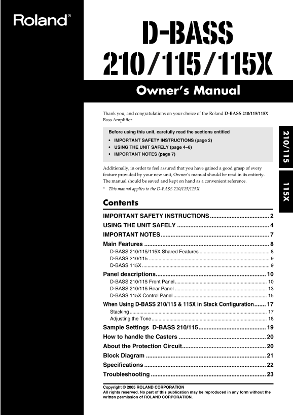 Roland D-BASS 115 D- Bass Amplifier Owner's Manual - Page 1