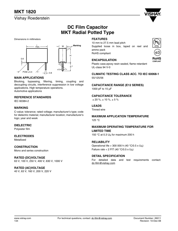 Vishay Roederstein DC Film Capacitor MKT Radial Potted Type Data Manual - Page 1