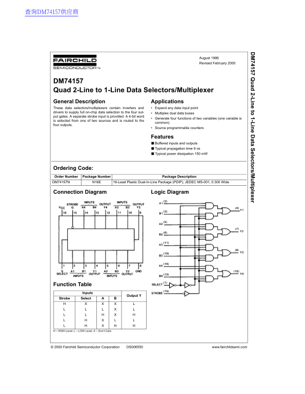 Fairchild DM74157 Quad 2-Line to 1-Line Data Selectors Multiplexer Data Manual - Page 1