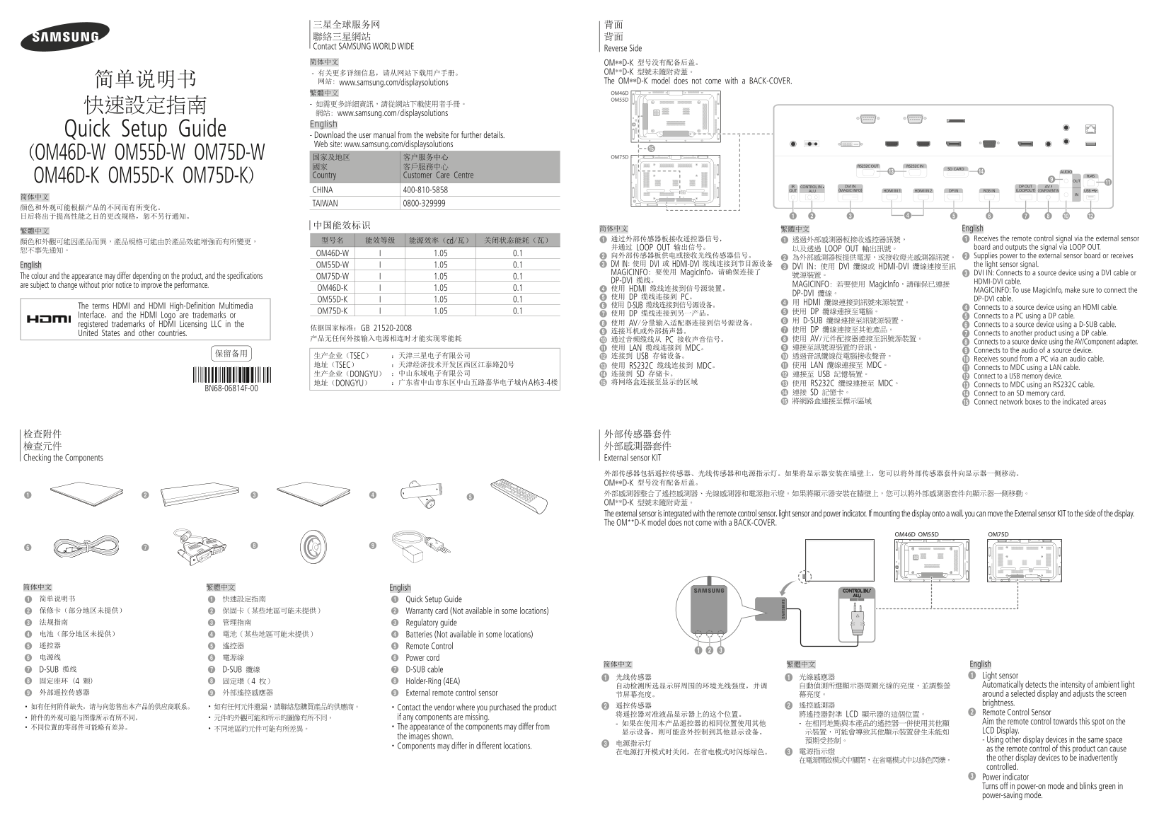 Samsung Quick User Guide OM75D-W - Page 1