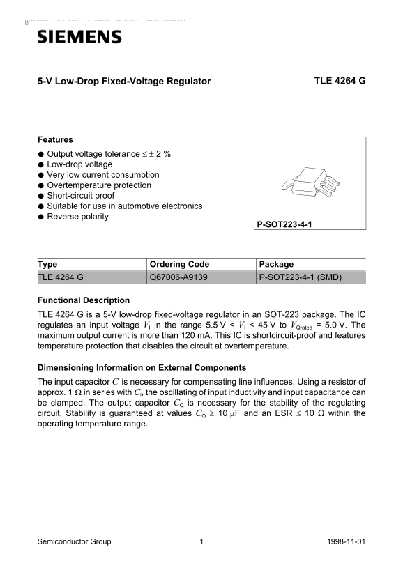 Siemens 5-V Low-Drop Fixed-Voltage Regulator TLE 4264 G Manual and User Guide - Page 1