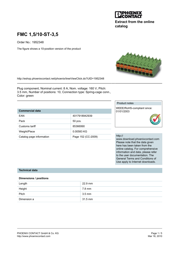 Phoenix Contact - FMC 1,5 10-ST-3,5 Data Sheet / Manual - Page 1