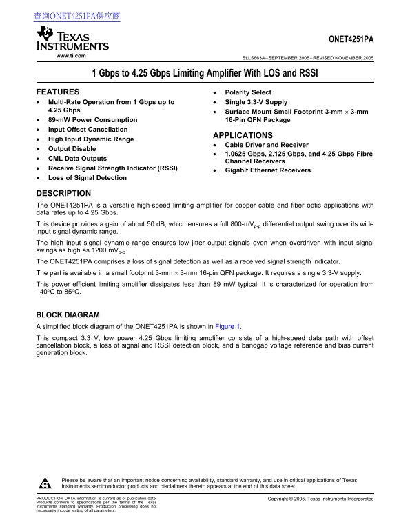 Texas Instruments ONET4251PA Data Sheet - Page 1