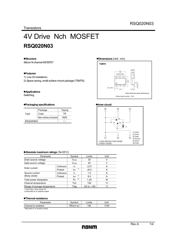 ROHM RSQ020N03 User Guide - Page 1