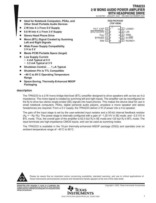 TEXAS INSTRUMENTS TPA0233 Data Sheet - Page 1