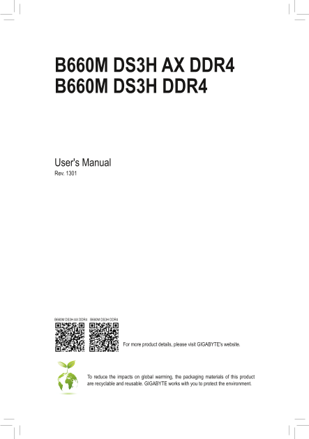 Gigabyte Motherboard B660M DS3H AX DDR4 (rev.1.x) User Manual in English (Version 1301) - Page 1