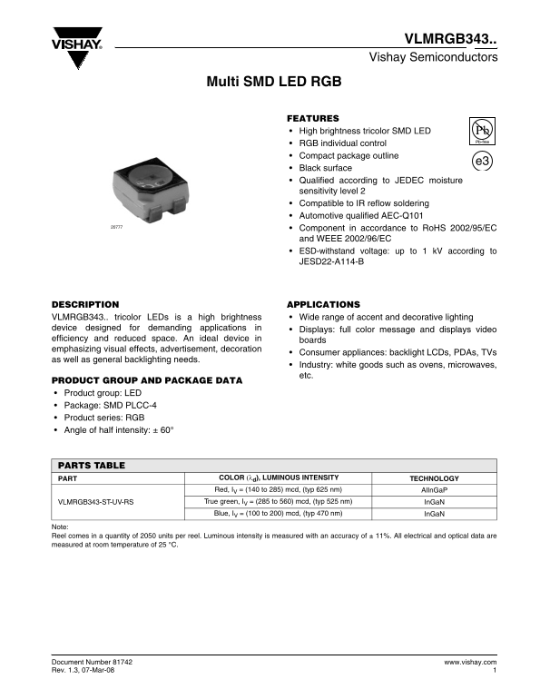 Vishay VLMRGB343 Specifications and User Guide - Page 1