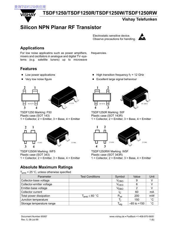 VISHAY TSDF1250 TSDF1250R TSDF1250W TSDF1250RW Data Sheet - Page 1