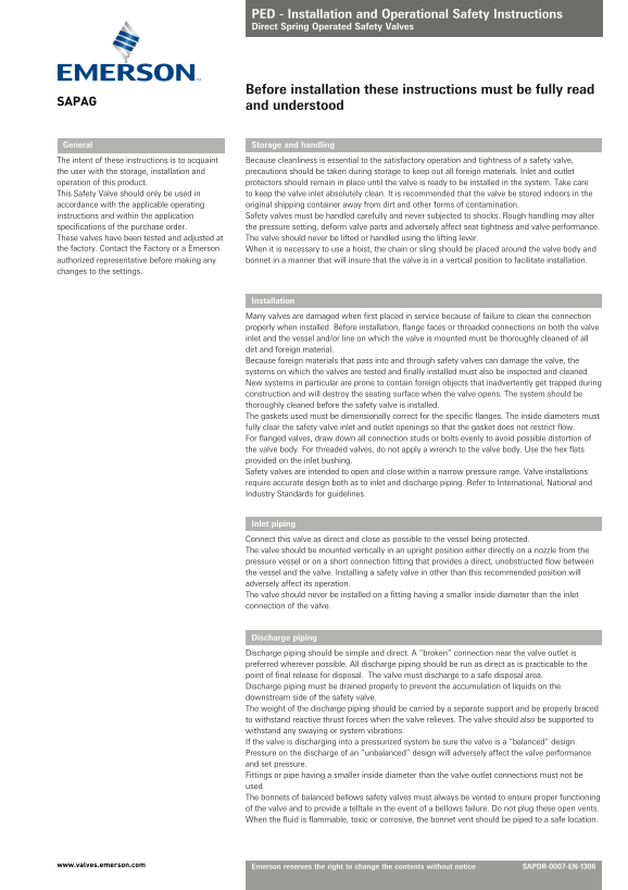 EMERSON Guide PED - Direct Spring Operated Safety Valves, Sapag-EN - Page 1
