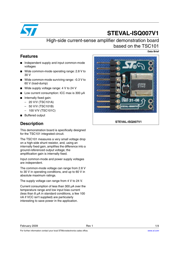 ST STEVAL-ISQ007V1 High-side current-sense amplifier demonstration board based on the TSC101 Owner's Manual - Page 1