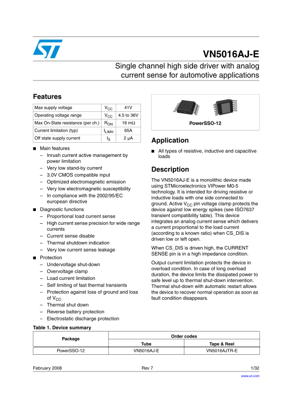 ST VN5016AJ-E High Side Driver with Analog Current Sense for Automotive Applications - Data Sheet User Manual - Page 1