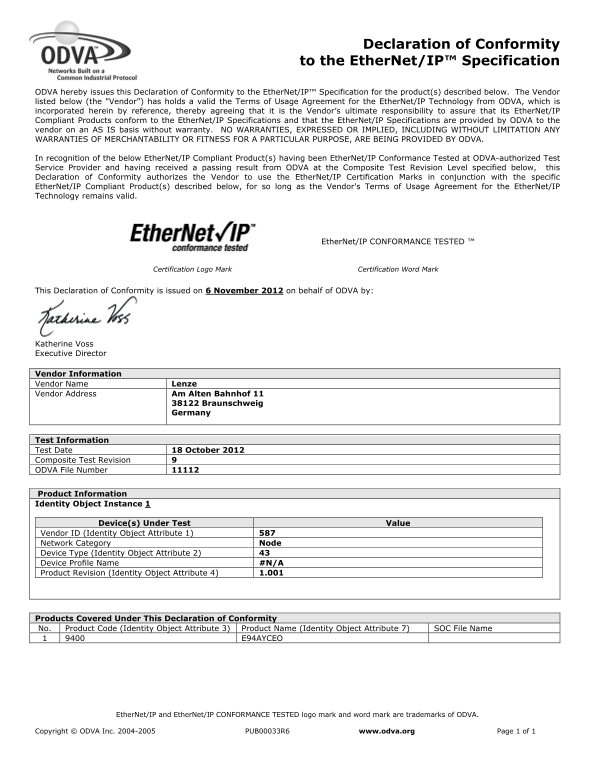 Lenze Inverters - Servo inverters 9400 servo inverters 9400 HighLine servo inverters certified and statements industrial communication document ethernet ip_e94ayceo_9400 (language: US EN) - Page 1
