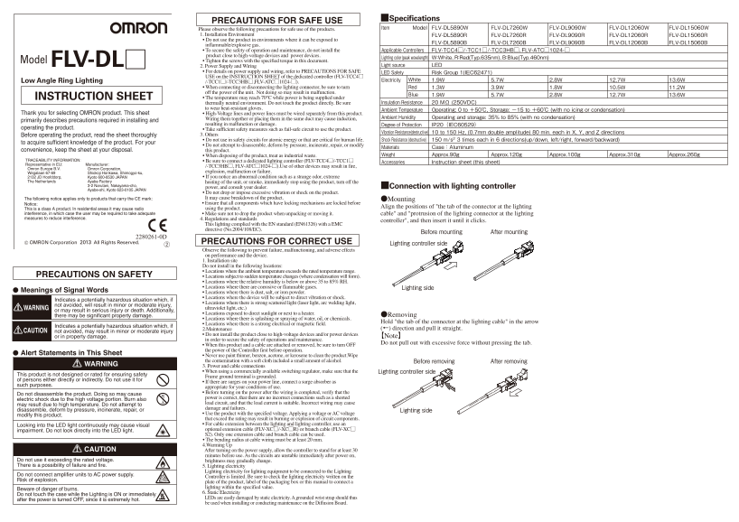 OMRON Image Processing System FH Series FLV-DL[] Low Angle Ring Lighting Instruction Sheet - Page 1