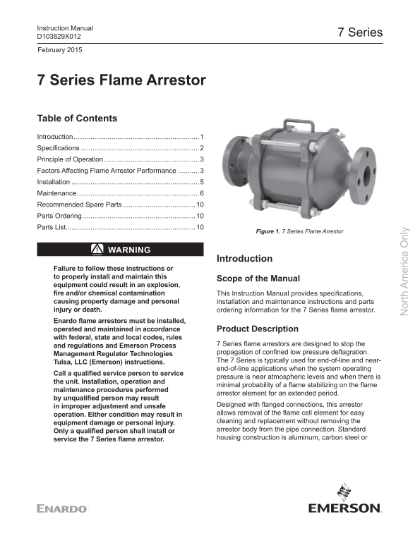 EMERSON 7 Series Flame Arrestor Instruction Manual, Enardo-EN - Page 1