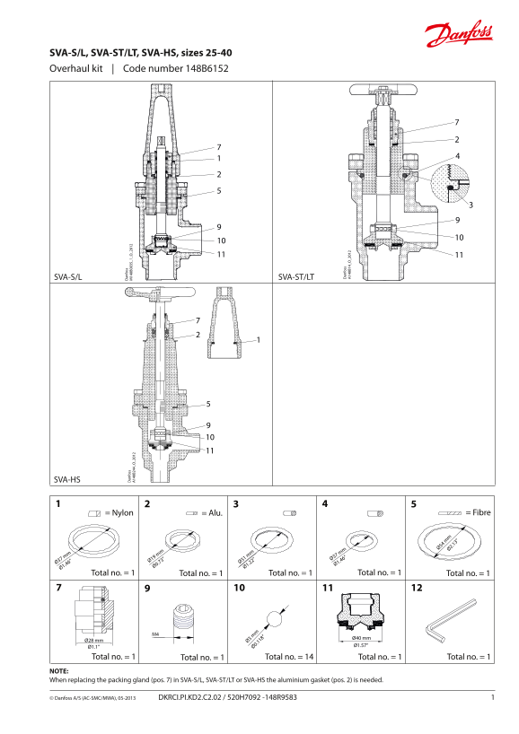 Danfoss Overhaul Kit, SVA-S L, SVA-ST LT, SVA-HS, Sizes 25-40 - Code Number 148B6152 Installation Guide - Page 1