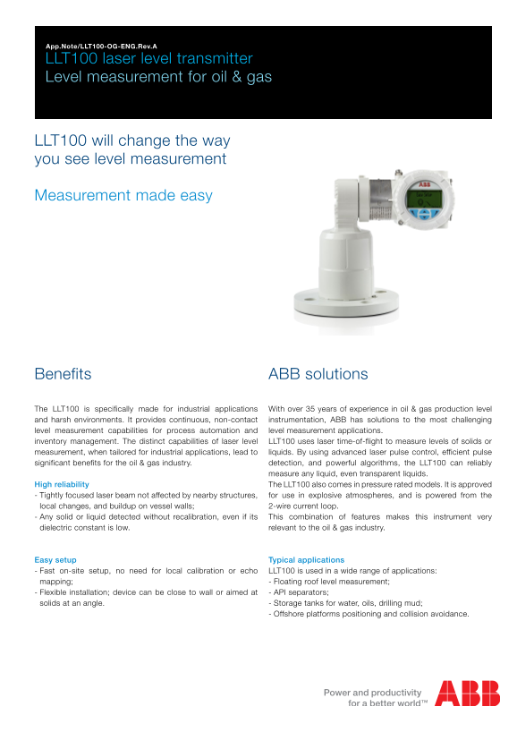 ABB Application Note - LLT100 Laser Level Transmitter - Level Measurement for Oil & Gas - Page 1