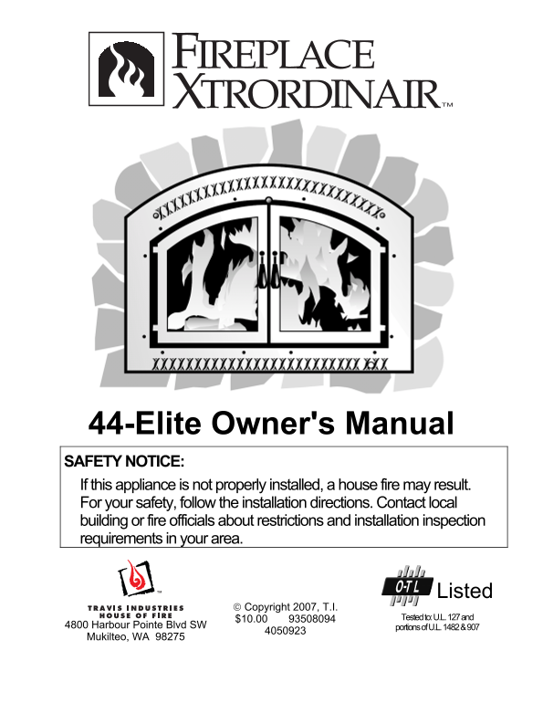 fireplace XTRORDINAIR 44-Elite Owner's Manual - Page 1