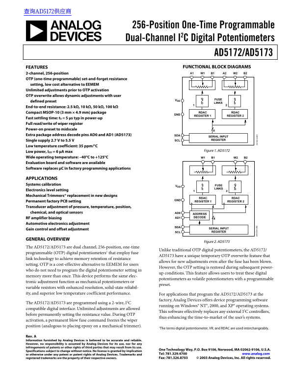 AD5172 AD5173 256-Position One-Time Programmable Dual-Channel I 2 C Digital Potentiometers Data Sheet Owner's Manual - Page 1