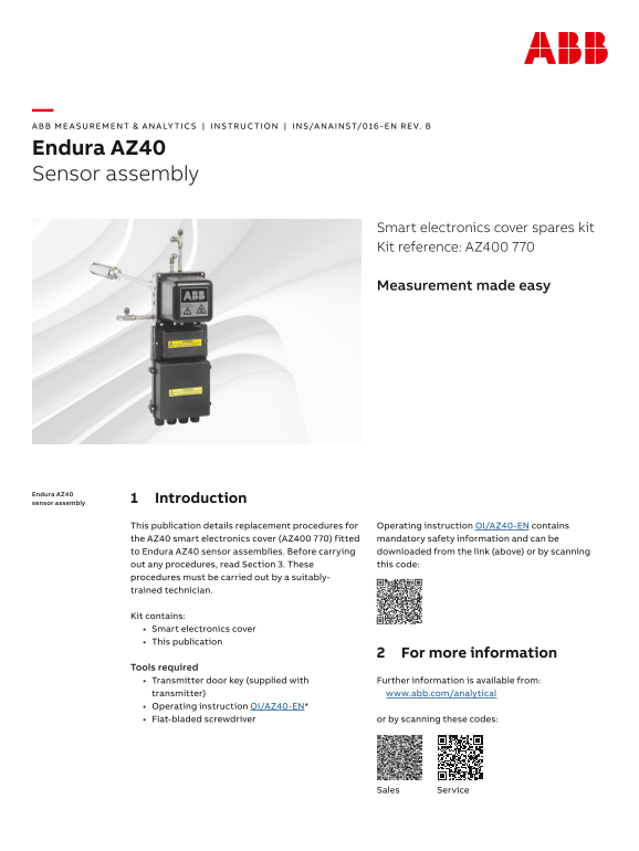 ABB Instruction – Replacement Procedure Endura AZ40 Sensor Assembly Smart Electronics Cover Spares Kit - Page 1