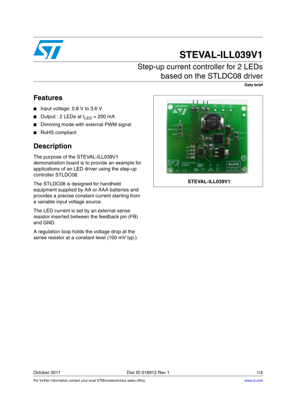 ST STEVAL-ILL039V1 Step-up Current Controller for 2 LEDs Based on STLDC08 Driver - Page 1