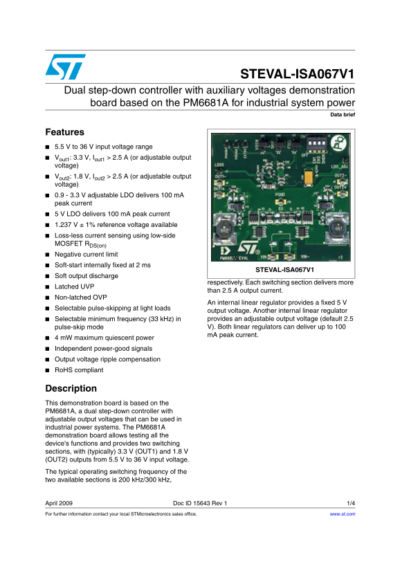 ST STEVAL-ISA067V1 Dual step-down controller with auxiliary voltages demonstration board based on the PM6681A for industrial system power - Page 1
