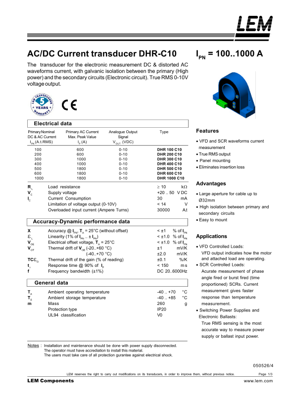 LEM DRH-AC10 AC DC Current Transducer Data Handbook User Manual - Page 1