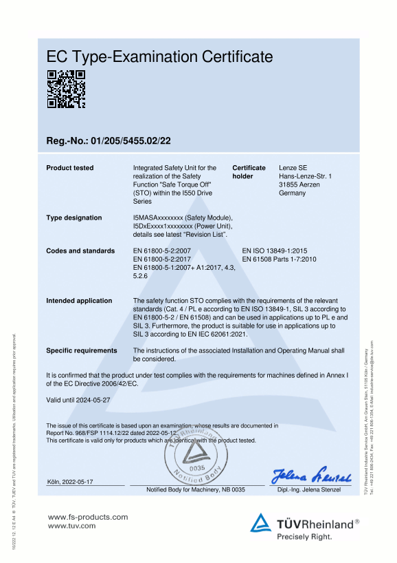 Lenze i500 Safety Inverters I5MASA0 Certified and Declaration - Page 1