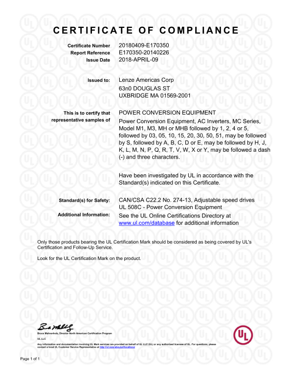 Lenze Inverters - Frequency inverters, MC frequency inverters (MC1000), UL listed and certified Declaration - Page 1