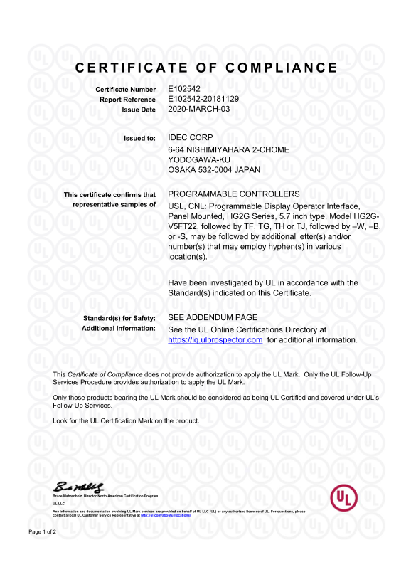 IDEC HG2G (c-UL) Certification and Standards - Page 1