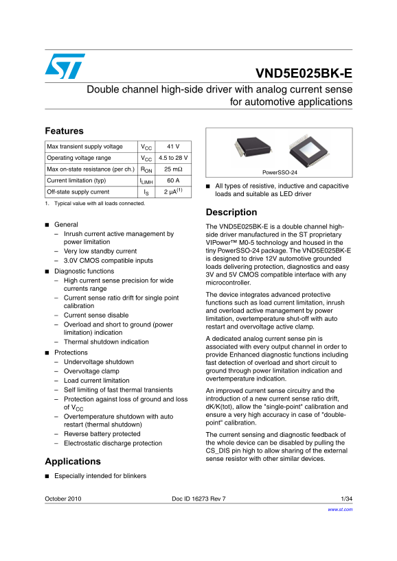 ST VND5E025BK-E Dual Channel High-Side Driver with Analog Current Sensing for Automotive Applications - Page 1