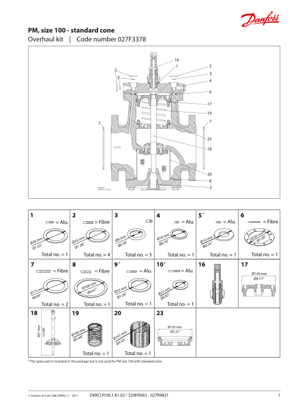 Danfoss Overhaul Kit, PM, Size 100 (Standard Cone) - Code Number 027F3378 Installation Guide - Page 1