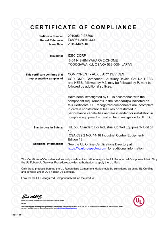 IDEC HE3B (c-UL) Certification and Standards - Page 1