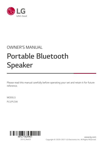 LG Wireless Bluetooth Speaker PL5. Darell K Product Manual English - Page 1