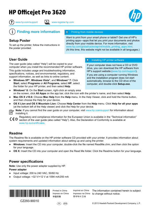 HP Officejet Pro 3620 Series User Guide - Black & White Digital Multifunction Printer - Page 1