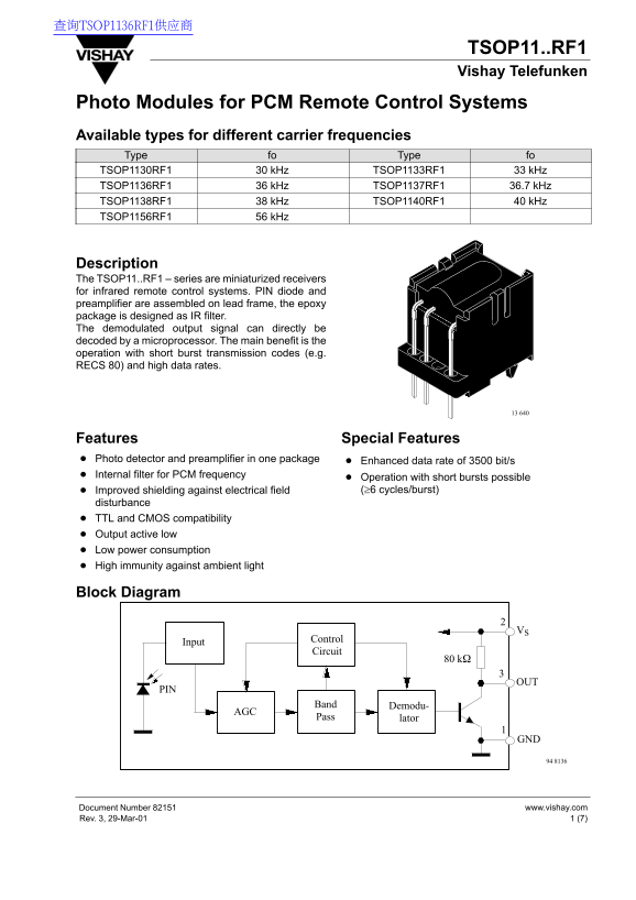 Vishay TSOP11..RF1 Specifications User Guide - Page 1