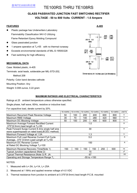 TE100RS through TE108RS Glass Passivated Junction Fast Switching Rectifier Voltage - 50 to 800 Volts Current - 1.0 Ampere - Page 1