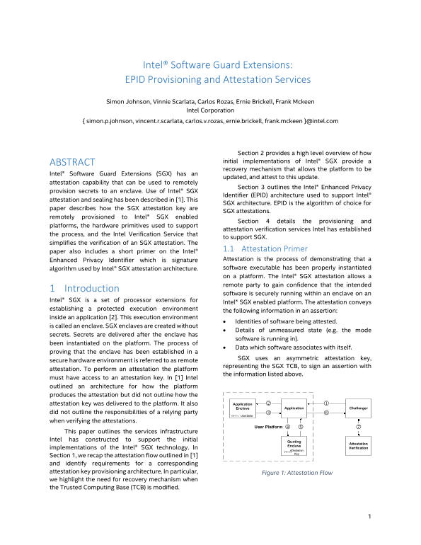 Intel White Paper: Intel® SGX and Intel® EPID Provisioning and Attestation Service - Page 1