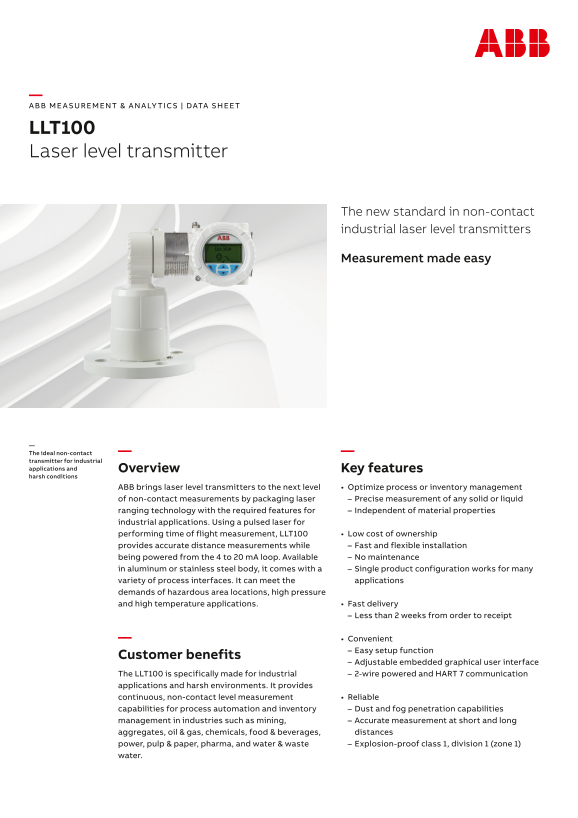 ABB Data Sheet - LLT100 Laser Level Transmitter (Short Form) - Page 1