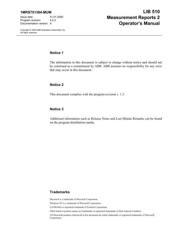 ABB LIB 510 Measurement Reports 2, Operator's Manual - Page 1