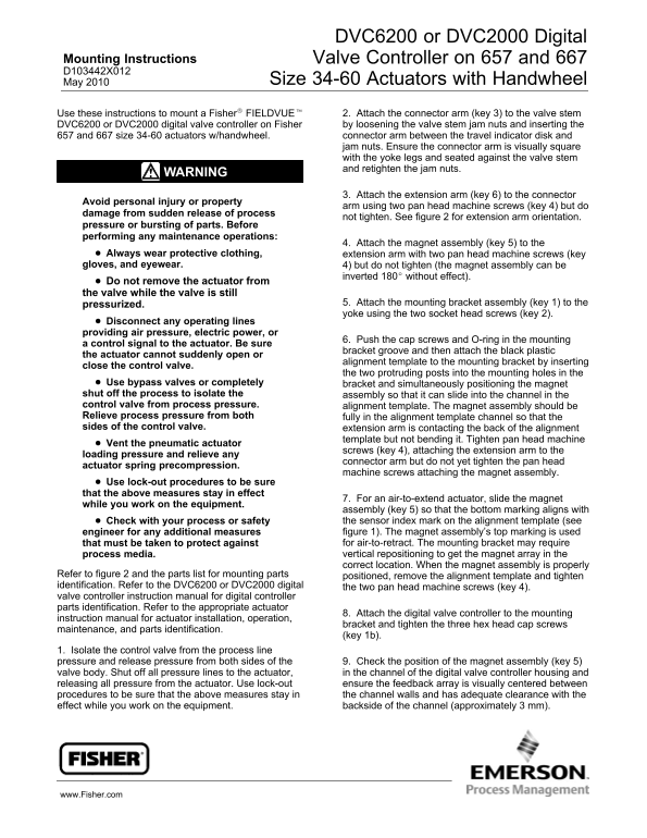 EMERSON Mounting Instructions DVC6200 or DVC2000 Digital Valve Controller on 657 and 667 Size 34-60 Actuators with Handwheel Fisher - Page 1