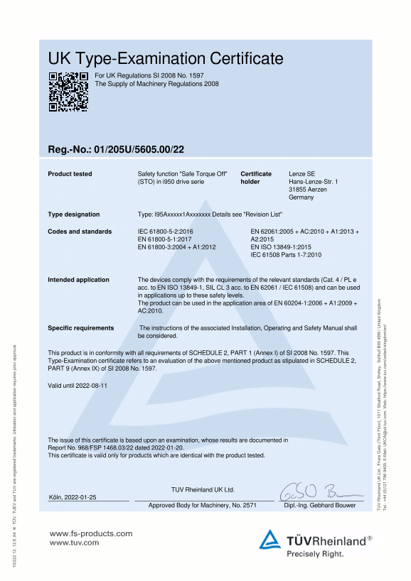 Lenze Inverters - Servo inverters i900, i950, i95A: Certificate & Safety Engineering (UK) Type-Examination i950_Basic Safety (EN) - Page 1