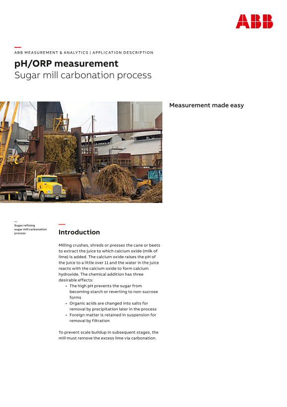 ABB Application Description - pH ORP Measurement. Sugar Mill Carbonation Process Application Note - Page 1