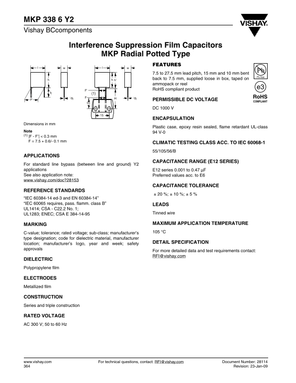 Vishay BC Components MKP 338 6 Y2 - Vishay BCcomponents Interference Suppression Film Capacitors MKP Radial Potted Type Data Manual - Page 1