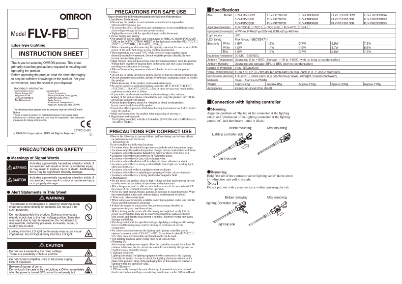 OMRON Sensor Image Processing System FH Series FLV-FB[]Edge Type Lighting Instruction Sheet - Page 1