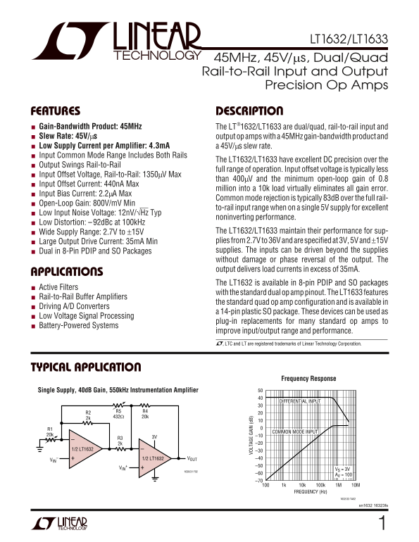 LINEAR TECHNOLOGY LT1632 LT1633 sn1632 16323fs 45MHz, 45V μs, Dual Quad Rail-to-Rail Input and Output Precision Op Amps Owner's Manual - Specifications User Guide - Quick Setup - Page 1