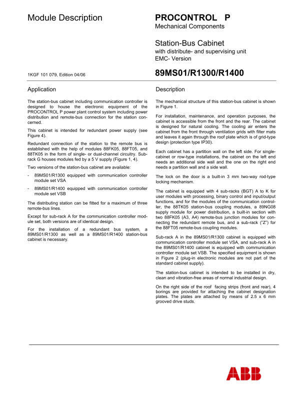 ABB Procontrol P14 89MS01 R1300 R1400 Station-Bus Cabinet with Distribute- and Supervising Unit (EMC-Version) Manual - Page 1