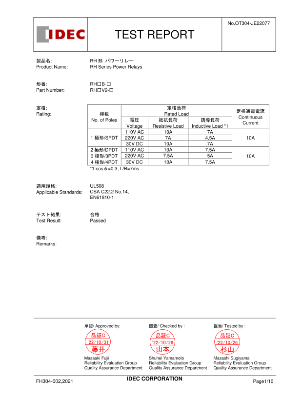 IDEC RH (Test Report) Technical Document - Page 1