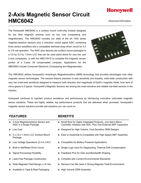 Honeywell 2-Axis Magnetic Sensor Circuit HMC6042 Advanced Information Advanced User's Manual - Page 1