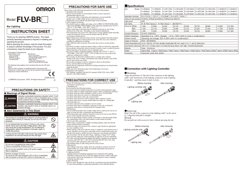 OMRON Image Processing System FZ5 Series FLV-BR[]Bar Lighting Instruction Sheet - Page 1
